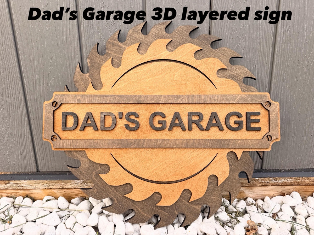 Dad’s Garage layered wooden saw-blade sign without hooks