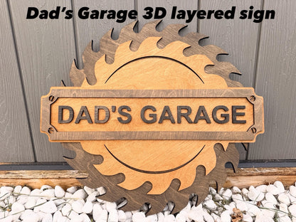 Dad’s Garage layered wooden saw-blade sign without hooks