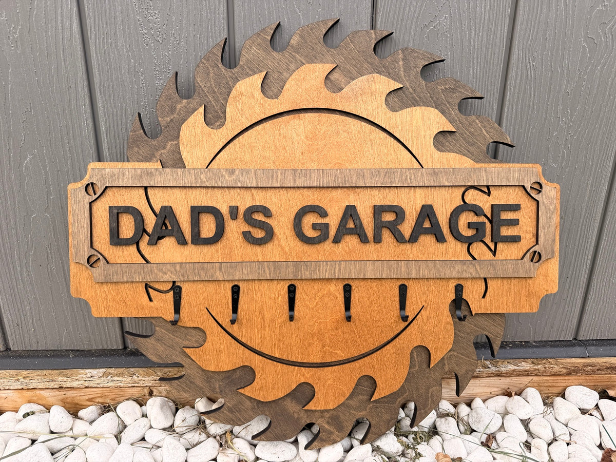 Dad’s Garage layered wooden sign with six hooks