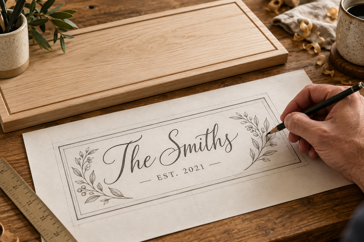 Hand sketching a personalized family name sign with botanical details.