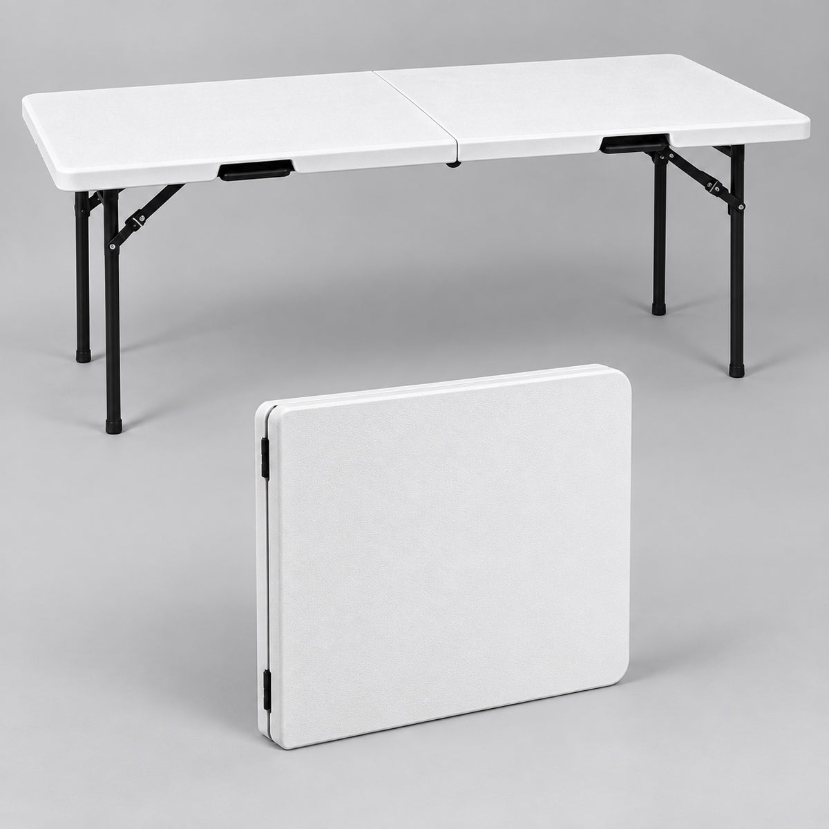 White folding table shown open and folded