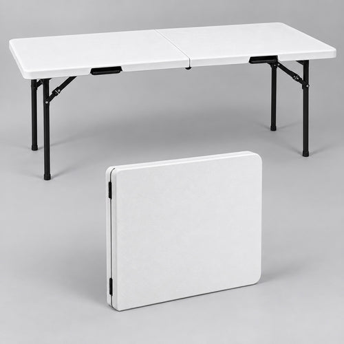 White folding table shown open and folded