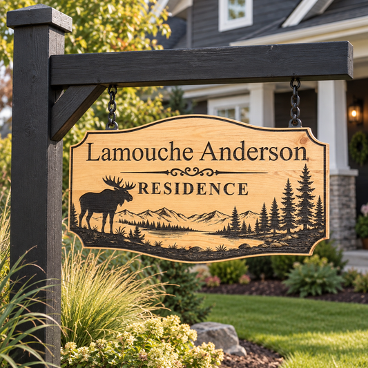 AI-staged outdoor display concept of the personalized moose and mountain residence sign hanging from a black timber post in a landscaped yard; post and chains shown as styling props.